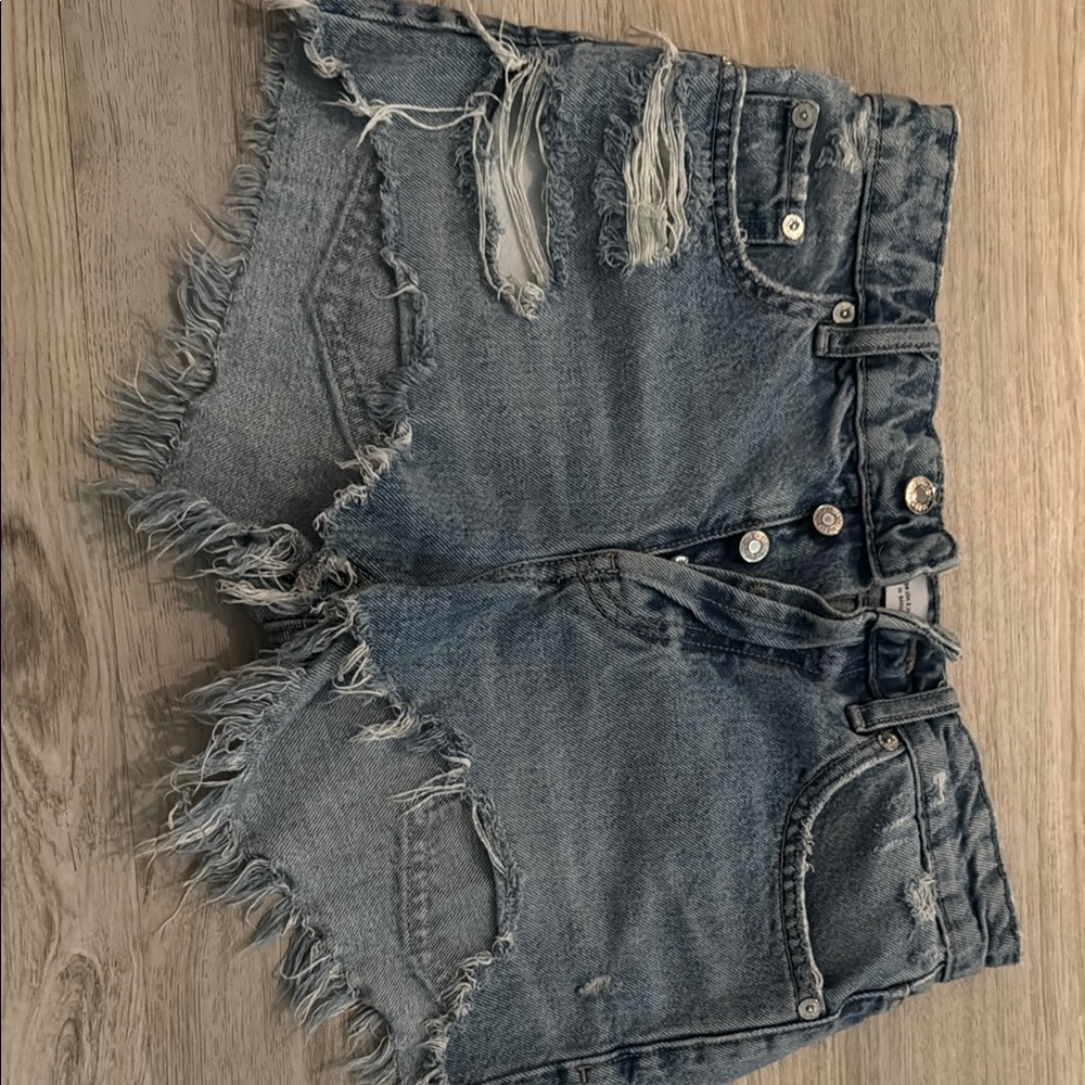 Blue Jean Shorts with Distressing and Frayed Hem